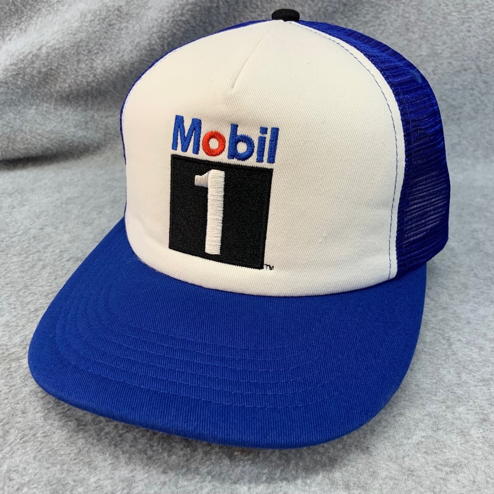 Mobil 1 Logo Mens Blue White Unbranded Trucker Hat Mesh Snapback OSFM
